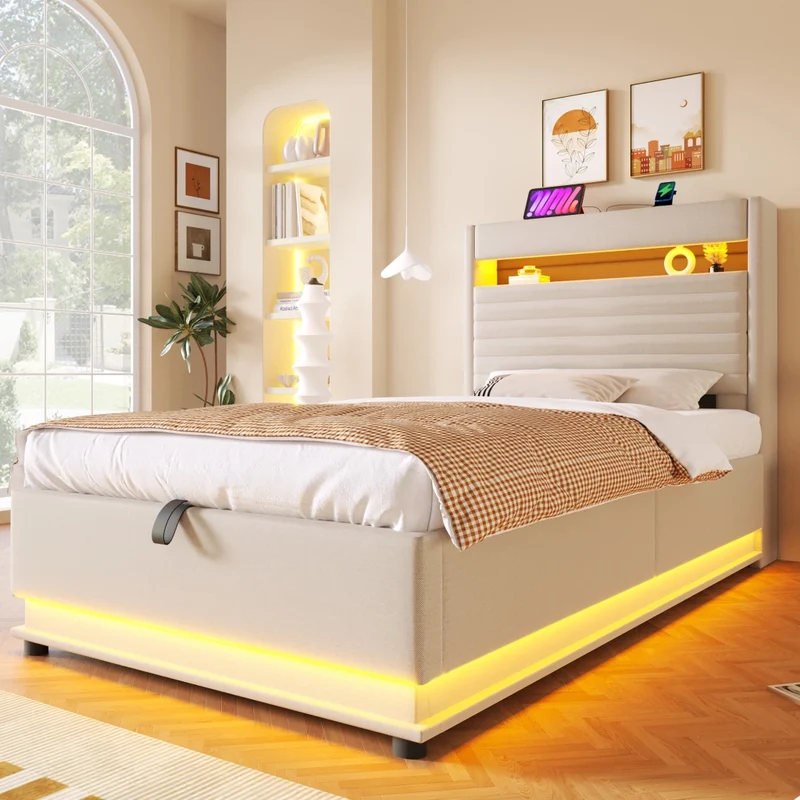 Letto contenitore 90x200 cm imbottito in lino beige con LED; USB-C e apertura idraulica