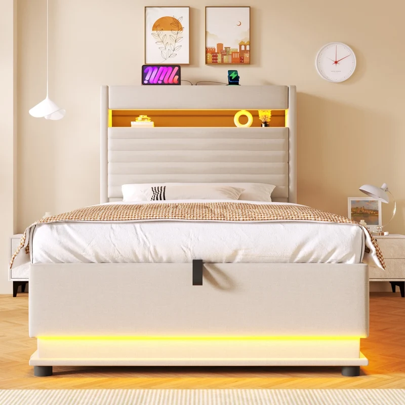 Letto contenitore 90x200 cm imbottito in lino beige con LED; USB-C e apertura idraulica