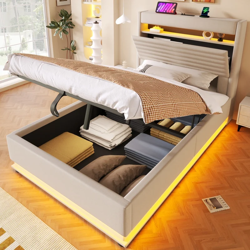 Letto contenitore 90x200 cm imbottito in lino beige con LED; USB-C e apertura idraulica