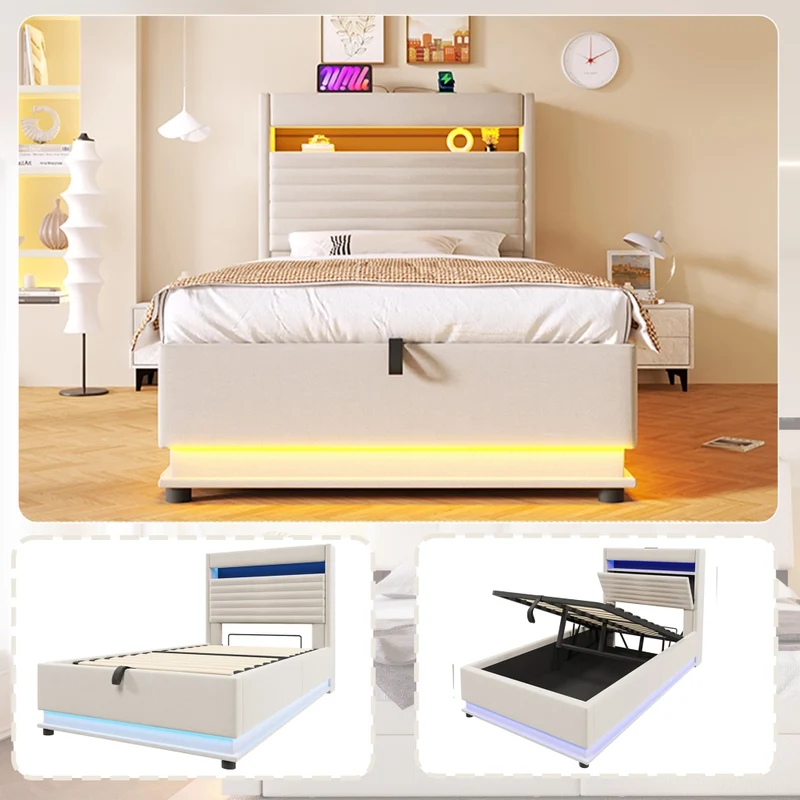 Letto contenitore 90x200 cm imbottito in lino beige con LED; USB-C e apertura idraulica