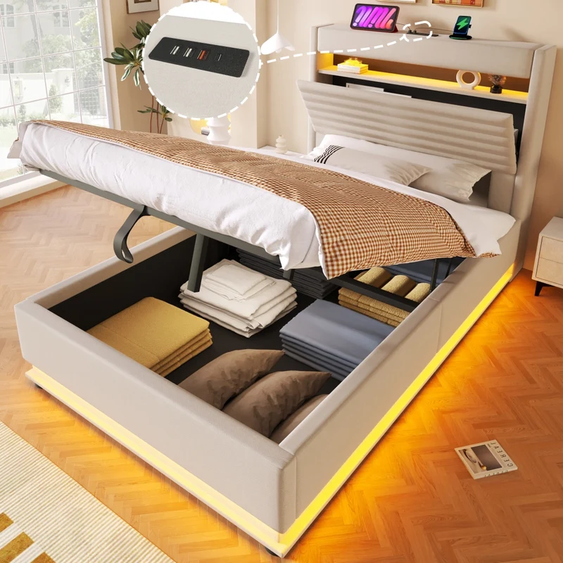 Letto contenitore 90x200 cm imbottito in lino beige con LED; USB-C e apertura idraulica