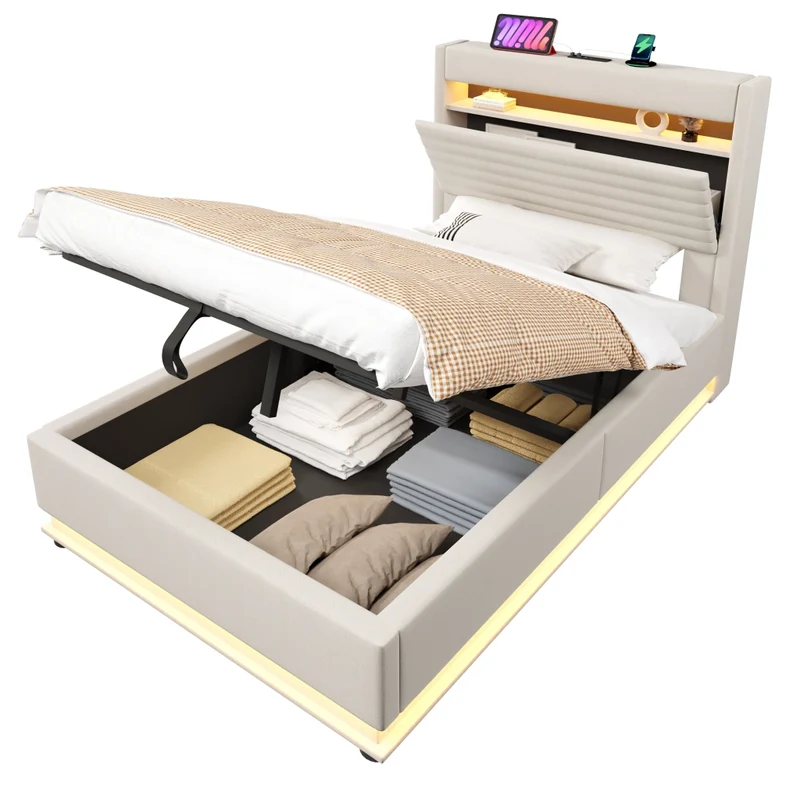 Letto contenitore 90x200 cm imbottito in lino beige con LED; USB-C e apertura idraulica