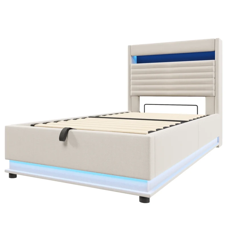 Letto contenitore 90x200 cm imbottito in lino beige con LED; USB-C e apertura idraulica