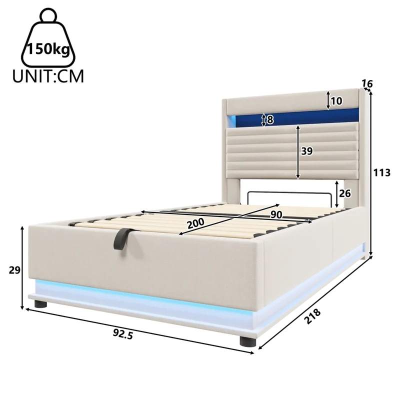 Letto contenitore 90x200 cm imbottito in lino beige con LED; USB-C e apertura idraulica