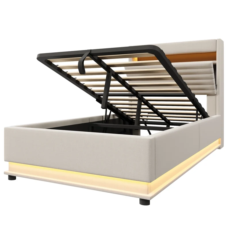Letto contenitore 90x200 cm imbottito in lino beige con LED; USB-C e apertura idraulica