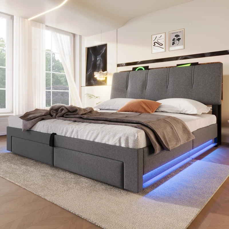 Letto imbottito 140x200 cm con contenitore idraulico; USB-C e LED; grigio