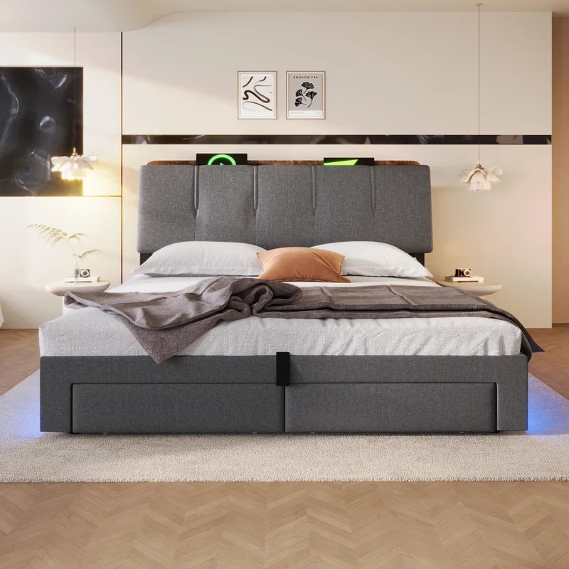 Letto imbottito 140x200 cm con contenitore idraulico; USB-C e LED; grigio