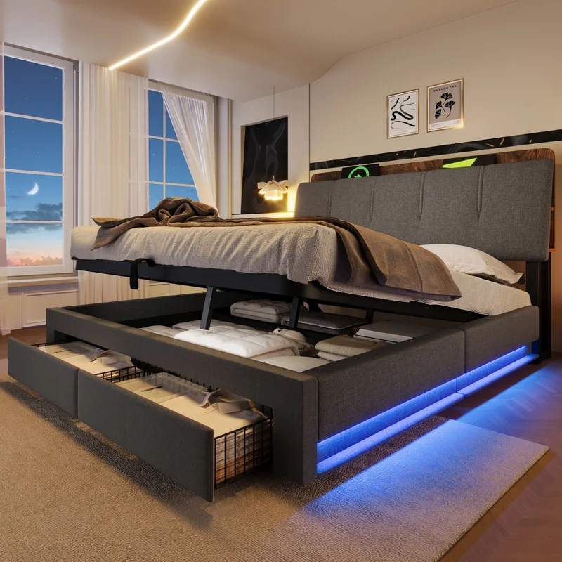 Letto imbottito 140x200 cm con contenitore idraulico; USB-C e LED; grigio