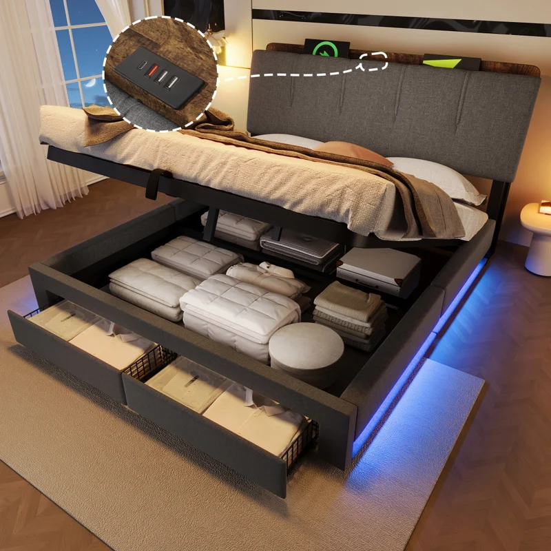Letto imbottito 140x200 cm con contenitore idraulico; USB-C e LED; grigio