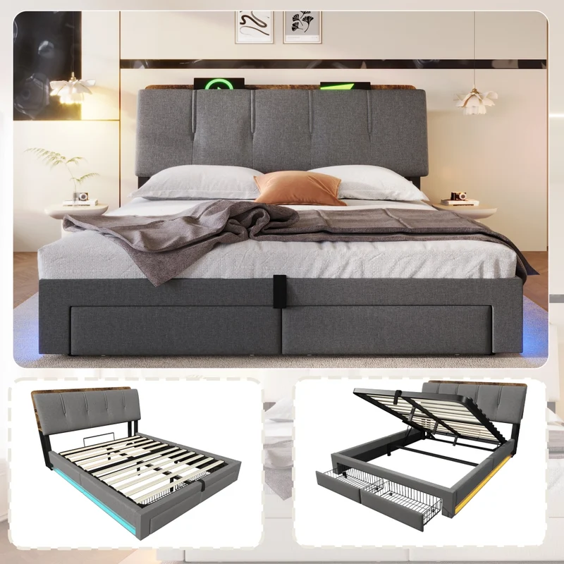 Letto imbottito 140x200 cm con contenitore idraulico; USB-C e LED; grigio