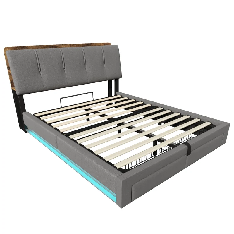 Letto imbottito 140x200 cm con contenitore idraulico; USB-C e LED; grigio