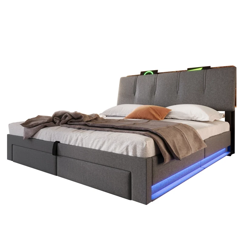 Letto imbottito 140x200 cm con contenitore idraulico; USB-C e LED; grigio