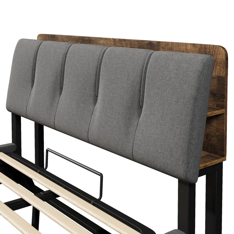 Letto imbottito 140x200 cm con contenitore idraulico; USB-C e LED; grigio