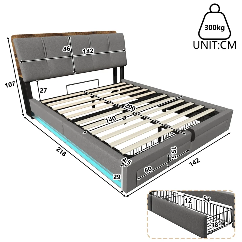 Letto imbottito 140x200 cm con contenitore idraulico; USB-C e LED; grigio