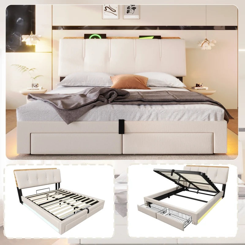 Letto contenitore 140x200 cm in lino beige con testiera; LED e porte USB-C
