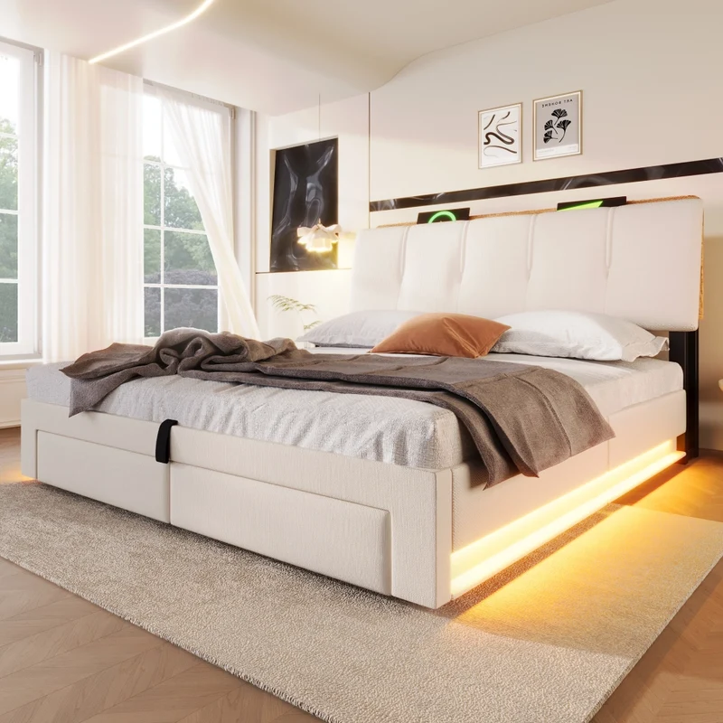 Letto contenitore 140x200 cm in lino beige con testiera; LED e porte USB-C