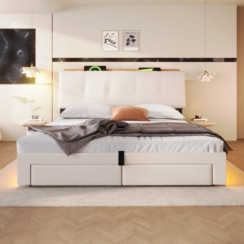 Letto contenitore 140x200 cm in lino beige con testiera; LED e porte USB-C