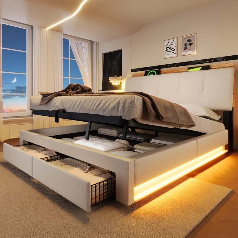 Letto contenitore 140x200 cm in lino beige con testiera; LED e porte USB-C