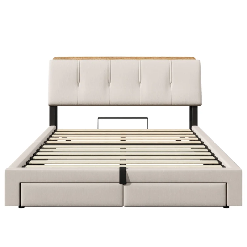 Letto contenitore 140x200 cm in lino beige con testiera; LED e porte USB-C