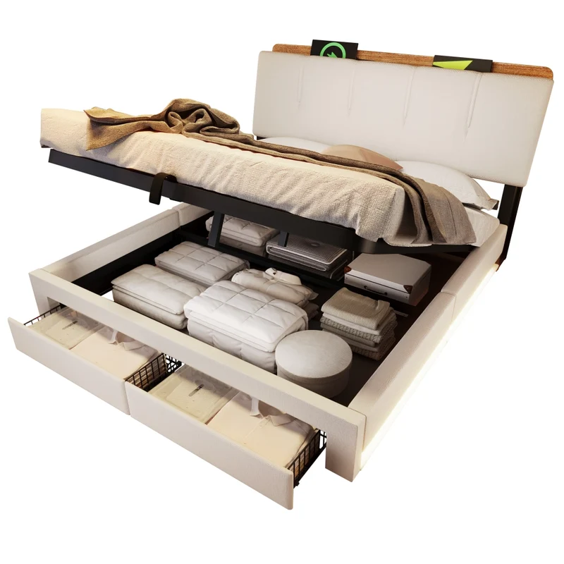 Letto contenitore 140x200 cm in lino beige con testiera; LED e porte USB-C