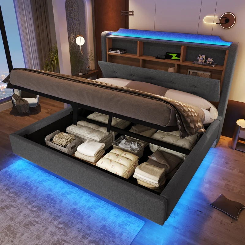 Letto imbottito 140x200 cm grigio con contenitore idraulico e luce LED