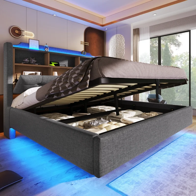 Letto imbottito 140x200 cm grigio con contenitore idraulico e luce LED