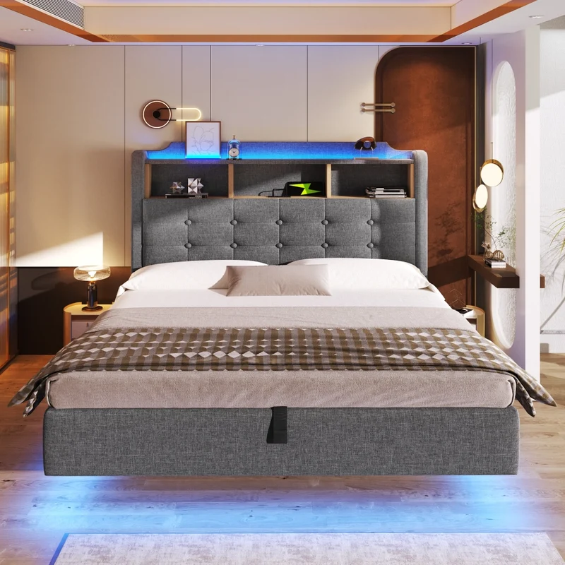 Letto imbottito 140x200 cm grigio con contenitore idraulico e luce LED