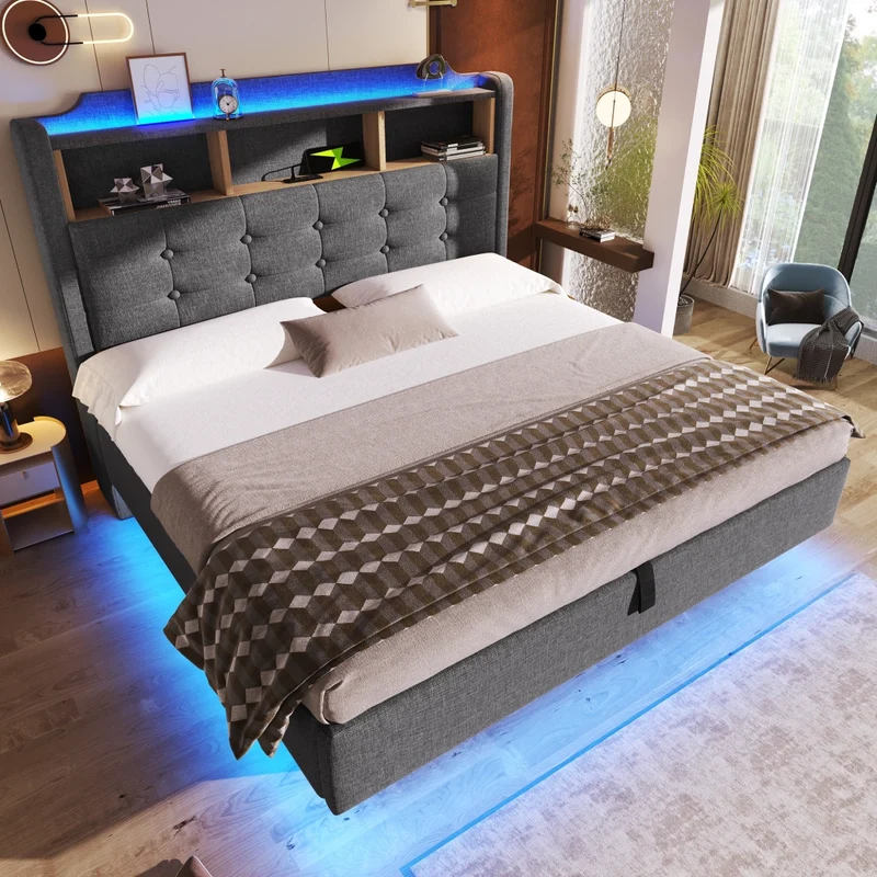 Letto imbottito 140x200 cm grigio con contenitore idraulico e luce LED