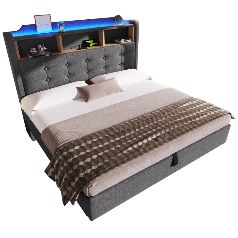 Letto imbottito 140x200 cm grigio con contenitore idraulico e luce LED