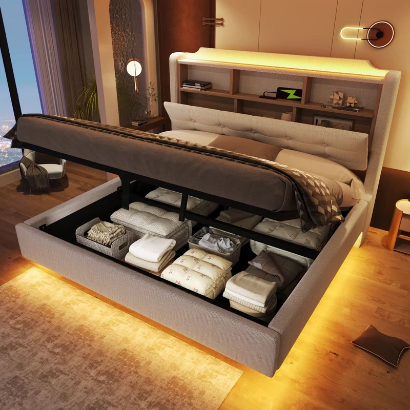 Letto imbottito 140x200 cm beige in lino con contenitore idraulico e LED