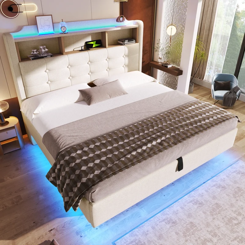 Letto imbottito 140x200 cm beige in lino con contenitore idraulico e LED