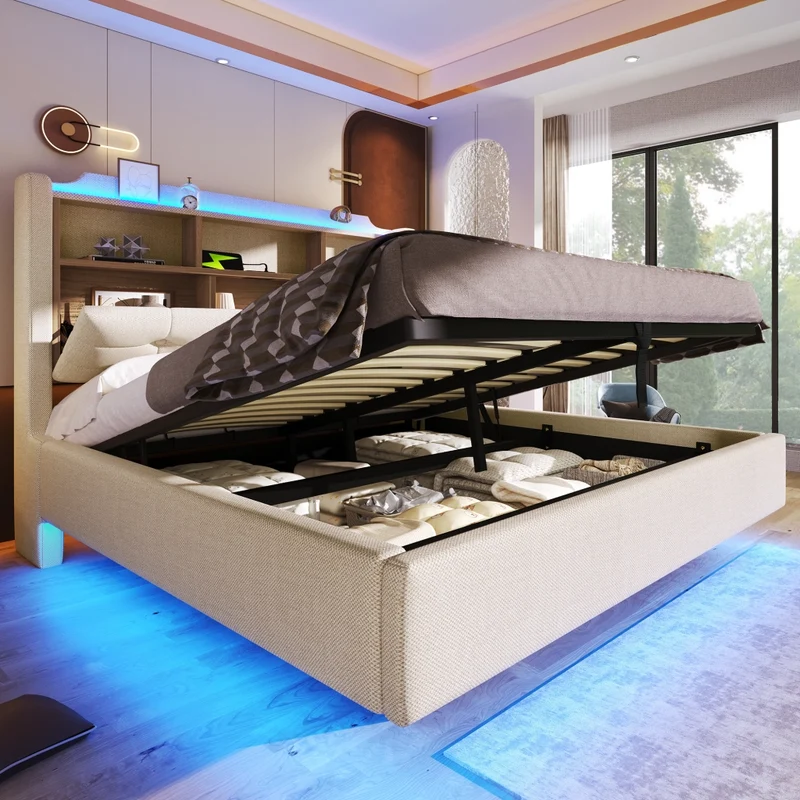 Letto imbottito 140x200 cm beige in lino con contenitore idraulico e LED