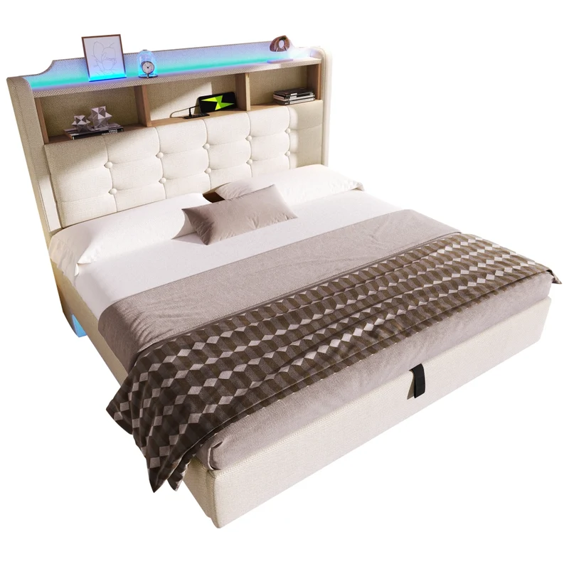 Letto imbottito 140x200 cm beige in lino con contenitore idraulico e LED