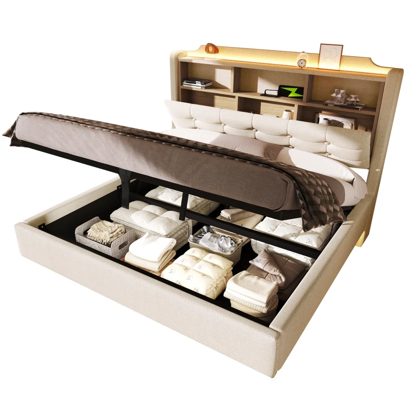 Letto imbottito 140x200 cm beige in lino con contenitore idraulico e LED