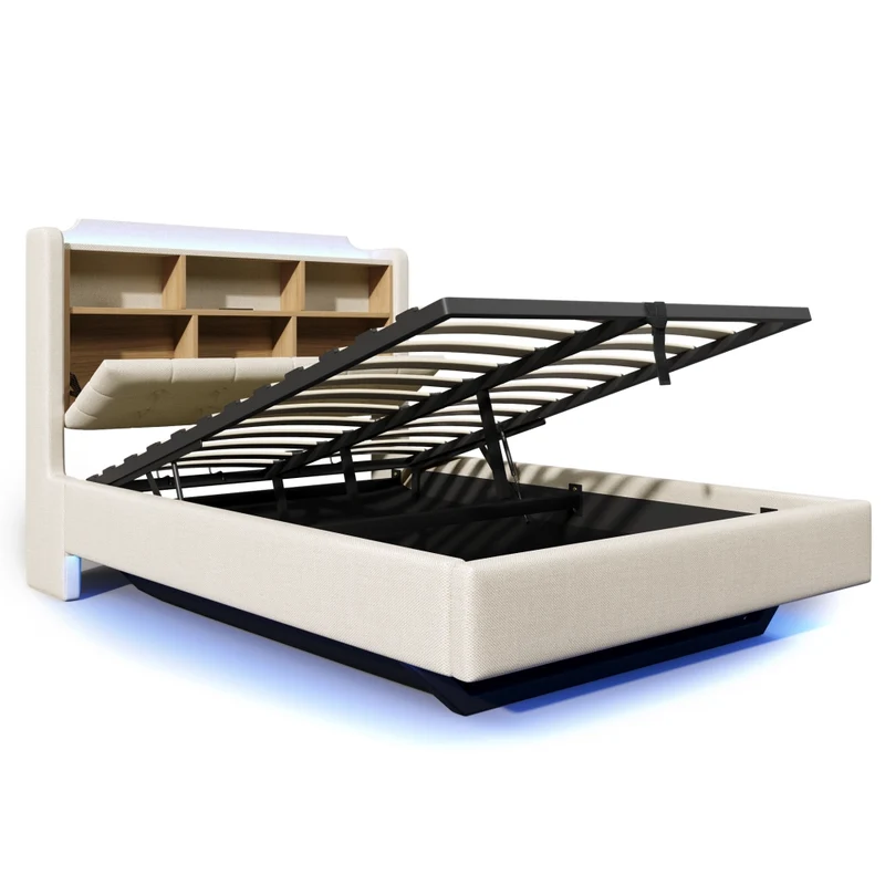 Letto imbottito 140x200 cm beige in lino con contenitore idraulico e LED