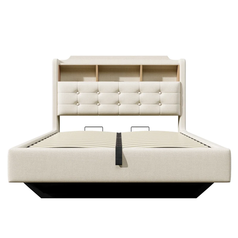 Letto imbottito 140x200 cm beige in lino con contenitore idraulico e LED