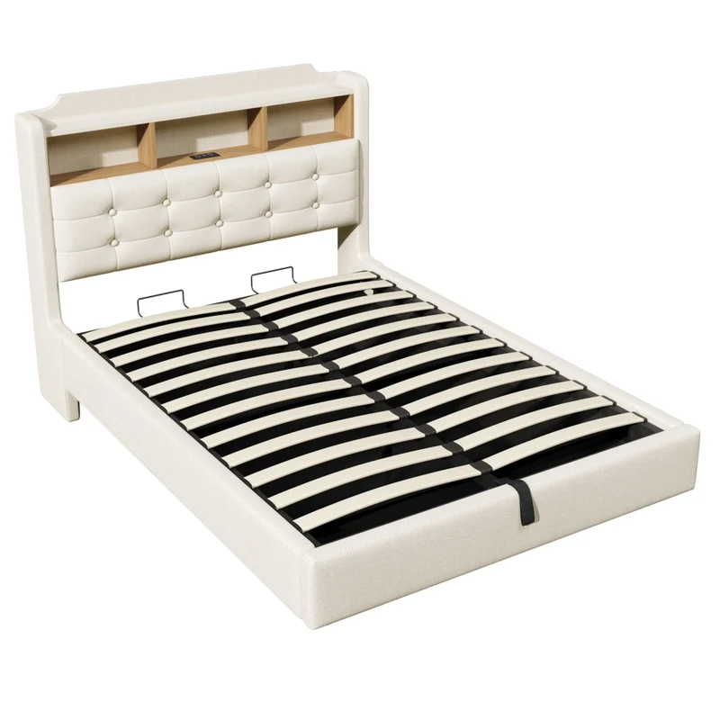 Letto imbottito 140x200 cm beige in lino con contenitore idraulico e LED