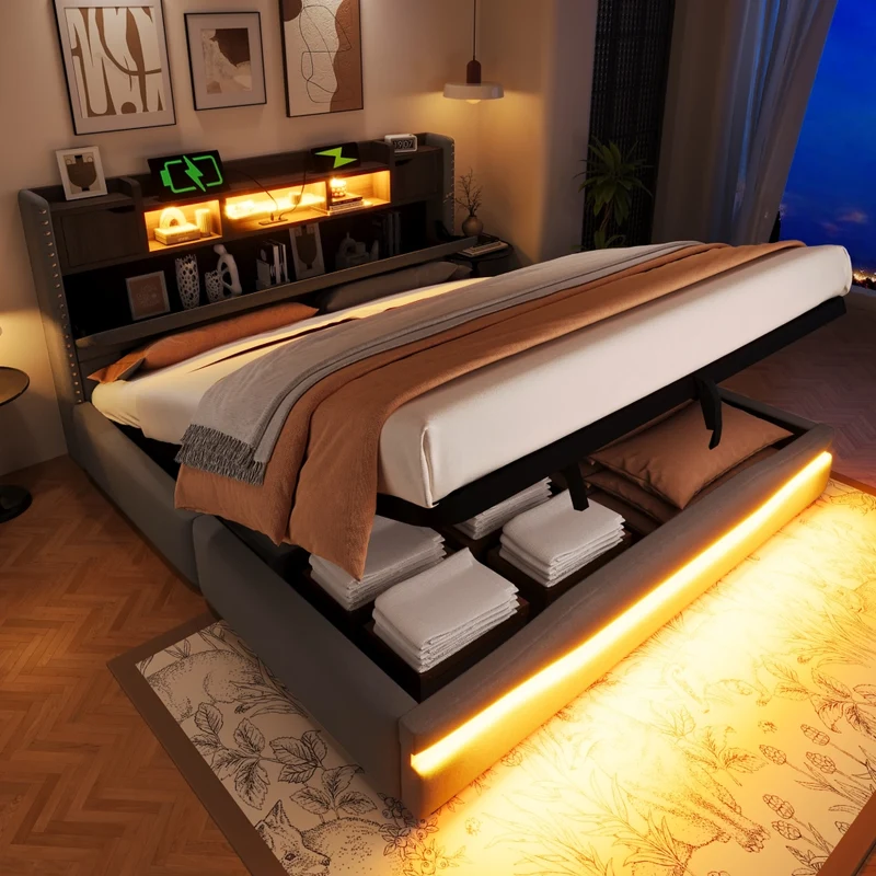 Letto imbottito 180x200 cm con contenitore idraulico; luci LED e prese USB; grigio in lino