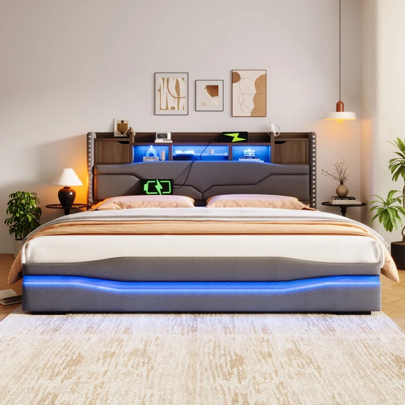 Letto imbottito 180x200 cm con contenitore idraulico; luci LED e prese USB; grigio in lino