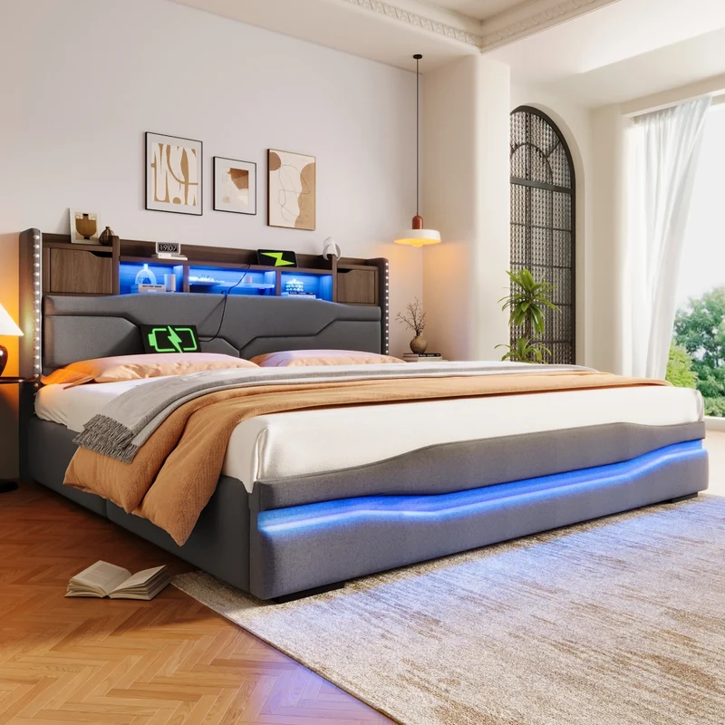 Letto imbottito 180x200 cm con contenitore idraulico; luci LED e prese USB; grigio in lino