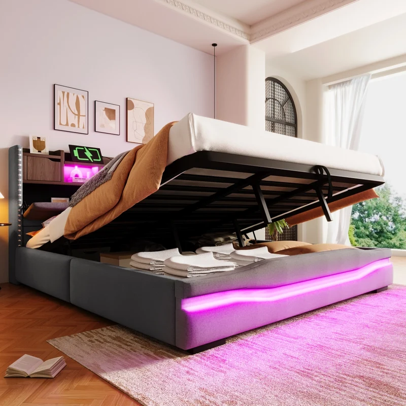 Letto imbottito 180x200 cm con contenitore idraulico; luci LED e prese USB; grigio in lino