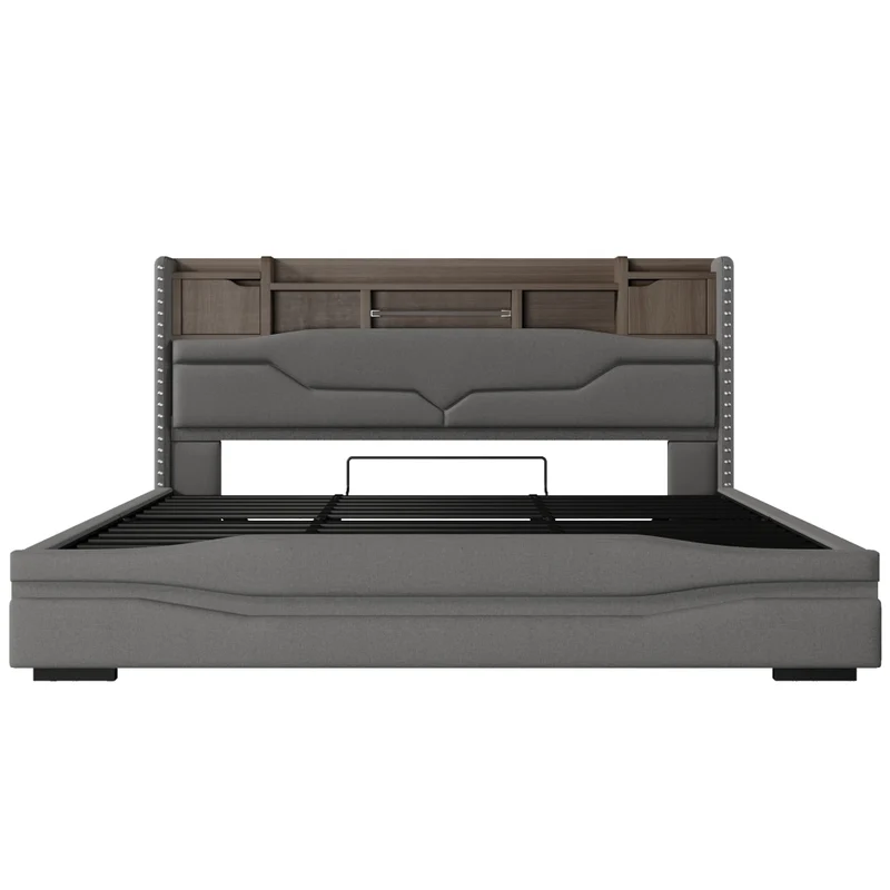 Letto imbottito 180x200 cm con contenitore idraulico; luci LED e prese USB; grigio in lino