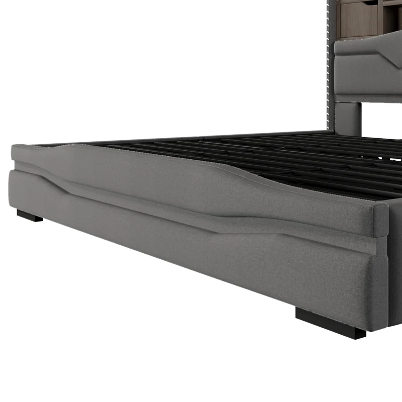Letto imbottito 180x200 cm con contenitore idraulico; luci LED e prese USB; grigio in lino
