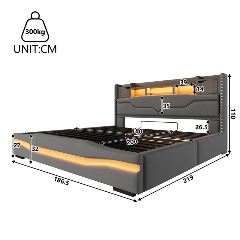 Letto imbottito 180x200 cm con contenitore idraulico; luci LED e prese USB; grigio in lino