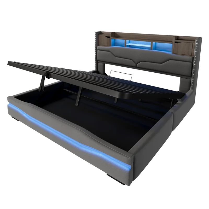 Letto imbottito 180x200 cm con contenitore idraulico; luci LED e prese USB; grigio in lino