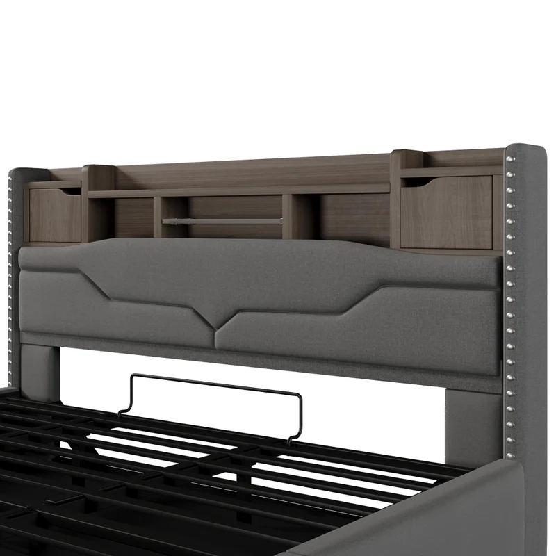 Letto imbottito 180x200 cm con contenitore idraulico; luci LED e prese USB; grigio in lino