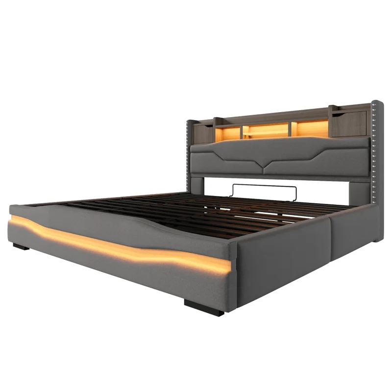 Letto imbottito 180x200 cm con contenitore idraulico; luci LED e prese USB; grigio in lino