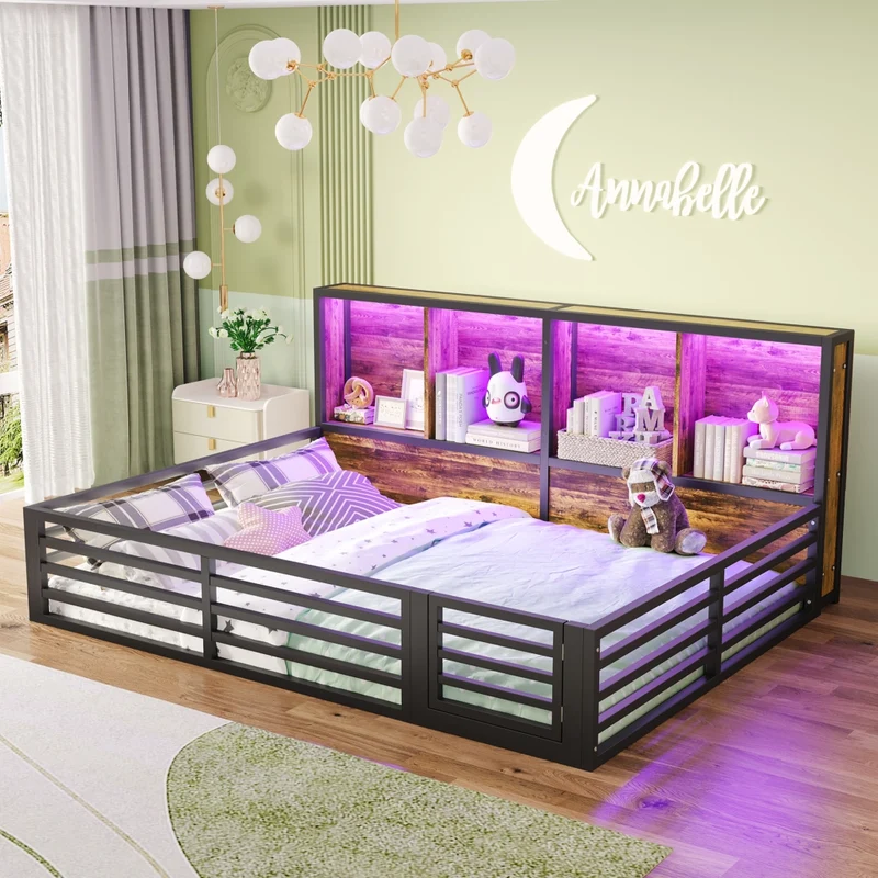 Letto per bambini 140x200 cm con rete a doghe; sponda apribile e LED; metallo e MDF nero