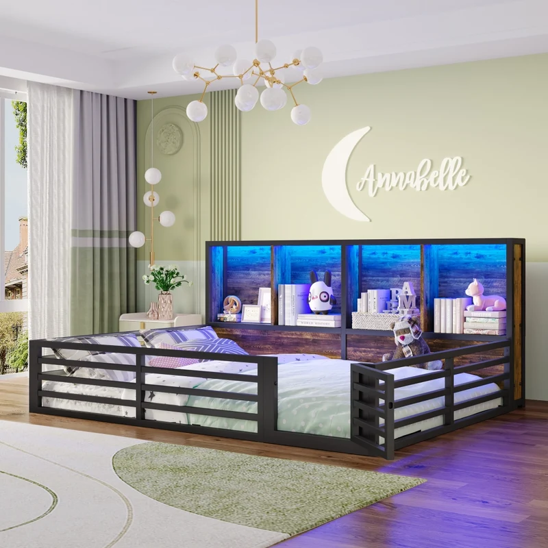Letto per bambini 140x200 cm con rete a doghe; sponda apribile e LED; metallo e MDF nero