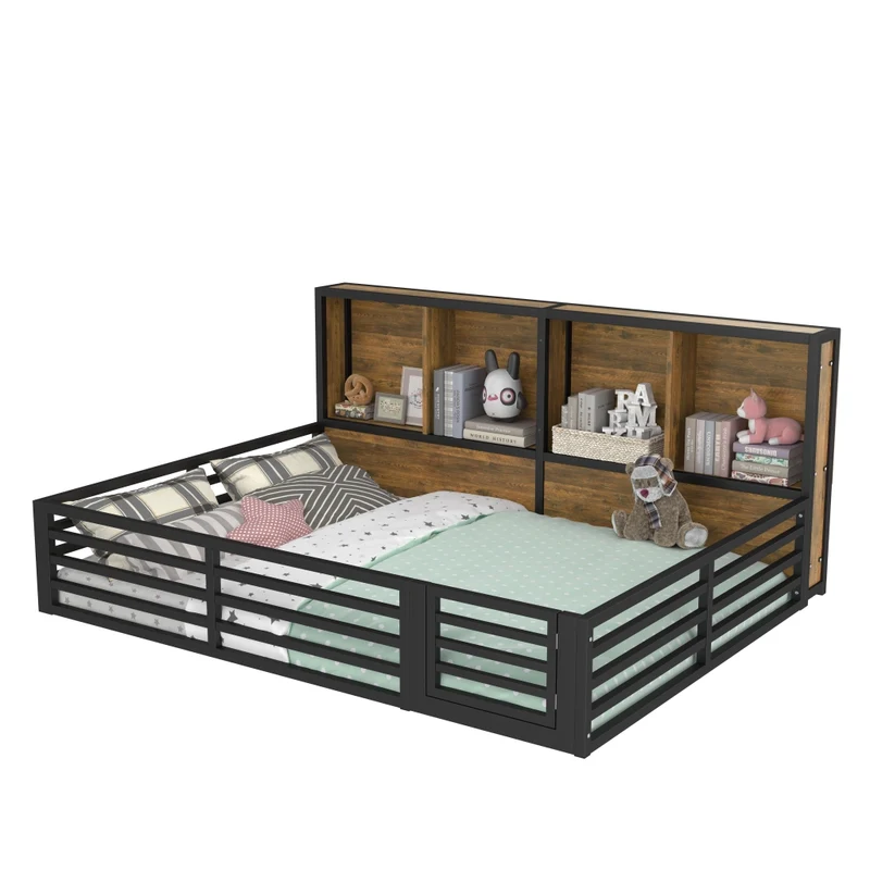 Letto per bambini 140x200 cm con rete a doghe; sponda apribile e LED; metallo e MDF nero